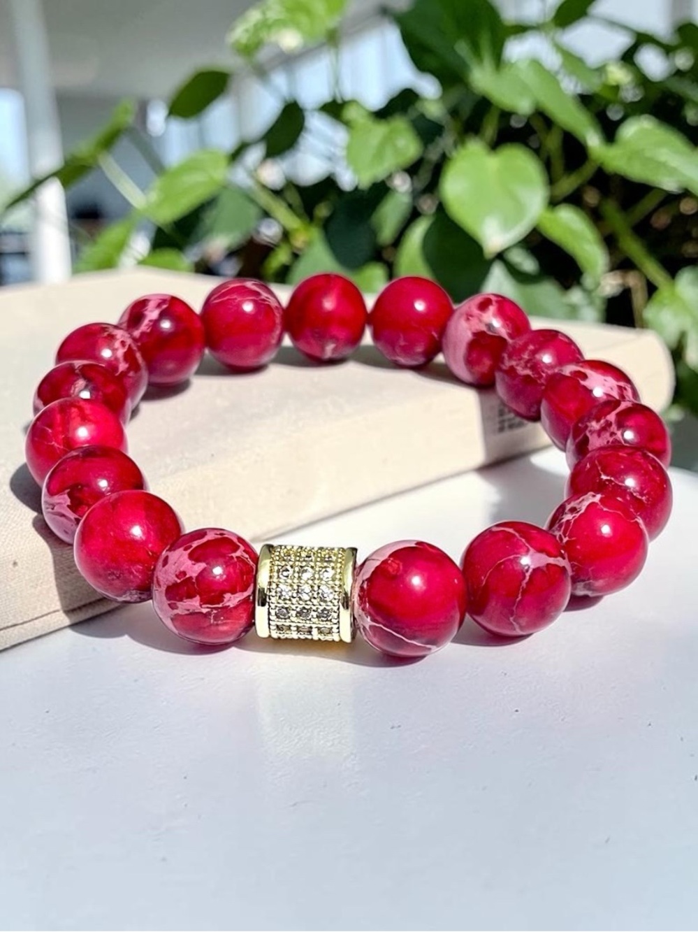 Mixed pink/red Sediment Jasper Beaded Women's Stretch Bracelet with Gold Accent